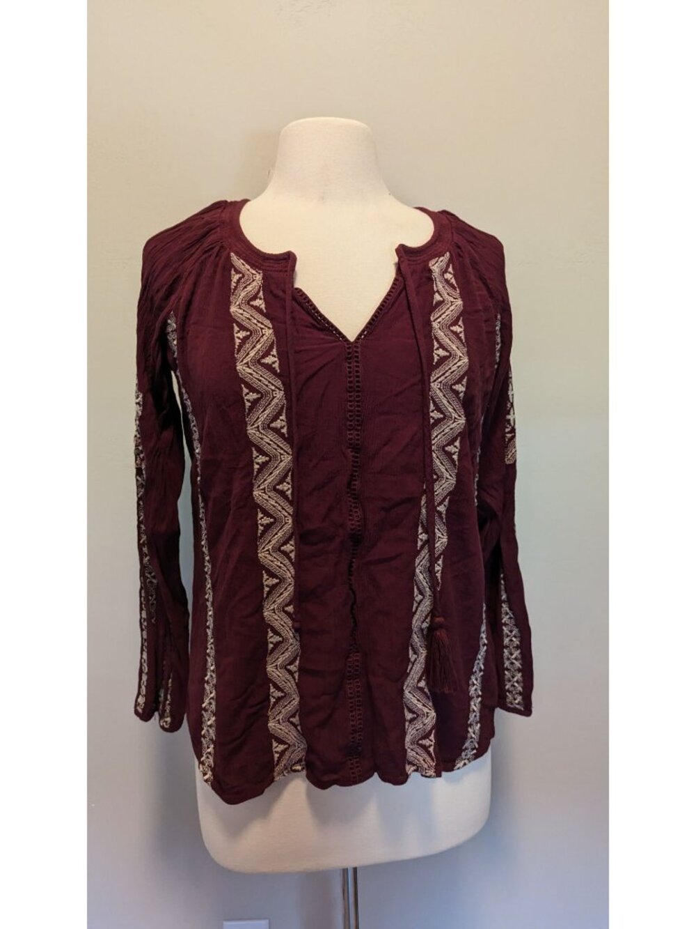 American Eagle Boho Burgundy Embroidered Long-Sleeve Top Large